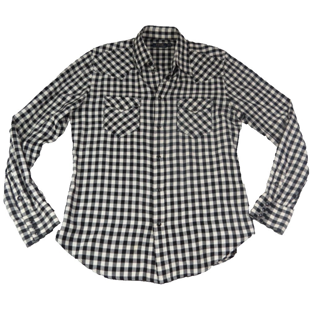 Polo Ralph Lauren Flannel Plaid Shirt Sz 10 Women Black White Western Pearl Snap